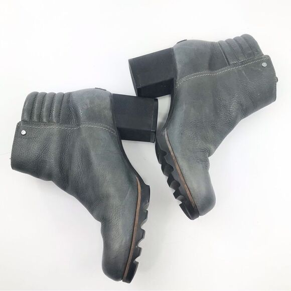 Sorel DANICA Gray Leather Zip Side Block Heel Chunky Moto Style Ankle Boots - Picture 5 of 16